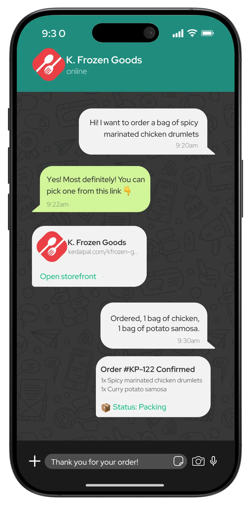 WhatsApp chat leading to a Kedaipal storefront and an order confirmation